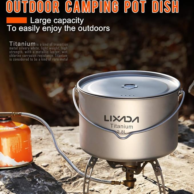 Lixada 1100ml/2800ml Titanium Pot Ultralight Portable Hanging Pot with Lid and Foldable Handle Outdoor Camping Hiking Backpacking