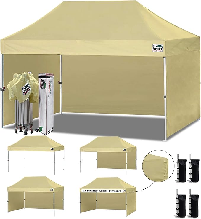 Eurmax USA 10'x15' Pop-up Canopy Tent Commercial Instant Canopies with 4 Removable Zipper End Side Walls and Roller Bag, Bonus 4 SandBags(Beige)