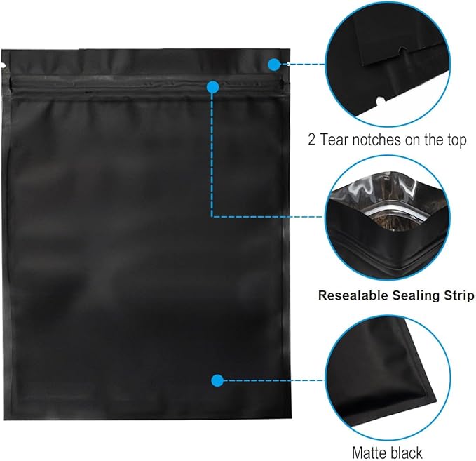 100 Pack Mylar Bags 6.3 x 9.4 Inches Resealable Smell Proof Bags for Storage Foil Pouch Bags Matte Black