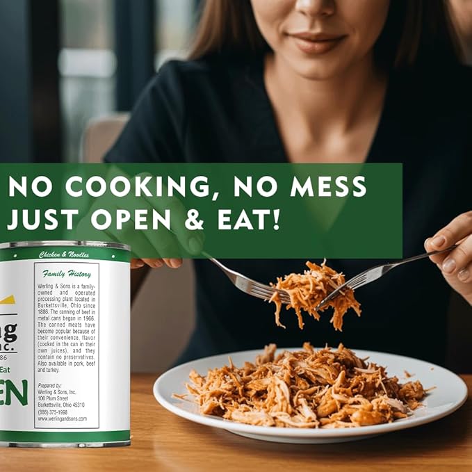 Werling & Sons Canned Chicken 14.5 Oz– Fully Cooked, Ready to Eat | Premium Quality, Recipe-Ready Canned Meat | 5-Year Shelf Life | Pantry Staple for Camping, Survival & Emergency Use | Made in USA | Pack of 12