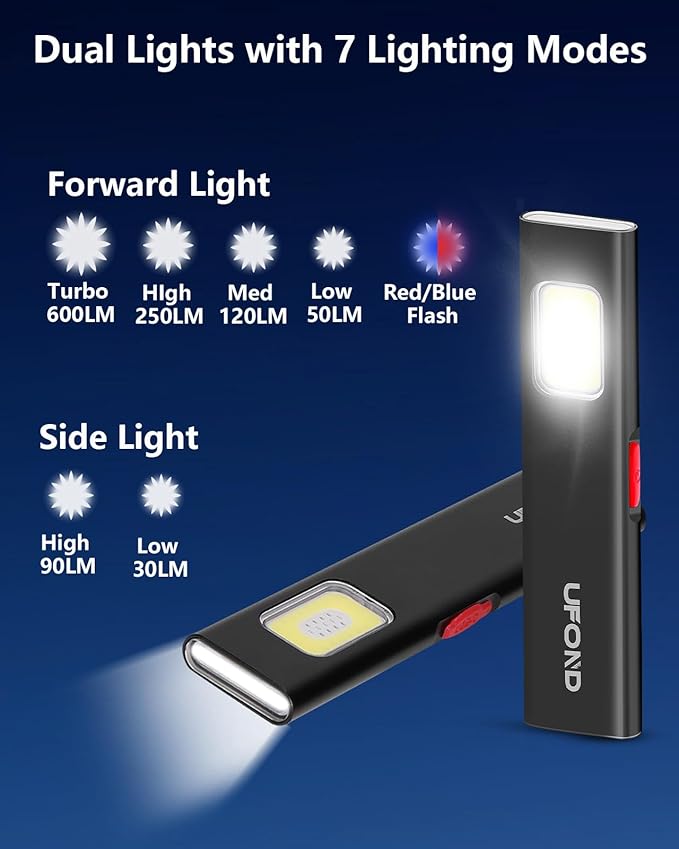 UFOND Flat Flashlight Rechargeable, 0.3 Inches Thin Mini Magnetic USB Work Light, Dual Lights 7 Modes with Pocket Clip,600 LM for Camping Hiking Mechanic Emergency, Waterproof Pocket Toollight