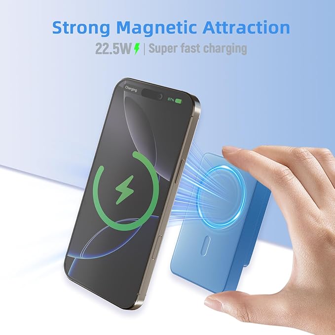 Magnetic Power Bank, 10000mAh Magnetic Portable Charger, 22.5W Wireless Power Bank, USB-C Fast Charging, LED Display Magnetic Battery Pack, Compatible for iPhone 17/16/15/14/13 Pro/Pro Max/Plus(Blue)