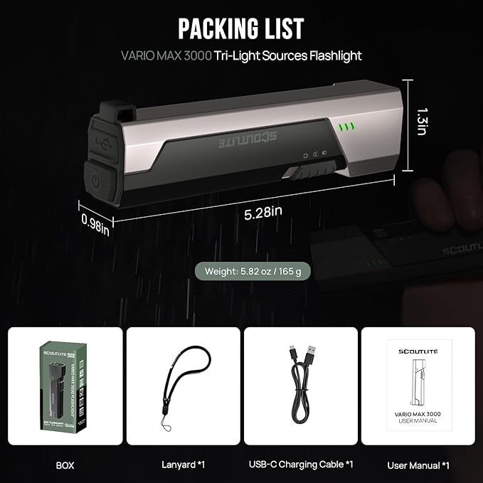 SCOUTLITE Vario MAX 3000 Handheld Flashlight, Rechargeable LED Pocket Light with White, Red and Amber Lights, Waterproof IPX6 Tactical Flat for Camping, Outdoor & Emergency Working