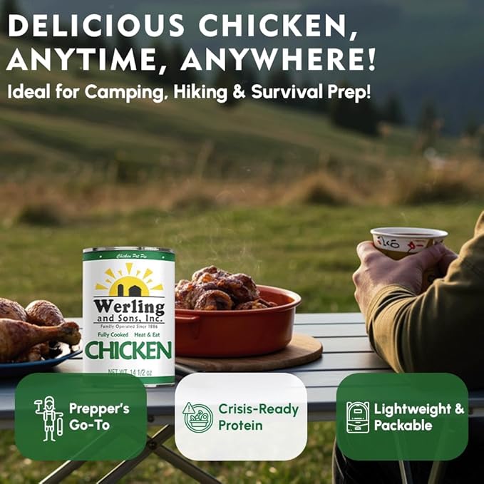 Werling & Sons Canned Chicken 14.5 Oz– Fully Cooked, Ready to Eat | Premium Quality, Recipe-Ready Canned Meat | 5-Year Shelf Life | Pantry Staple for Camping, Survival & Emergency Use | Made in USA | Pack of 6