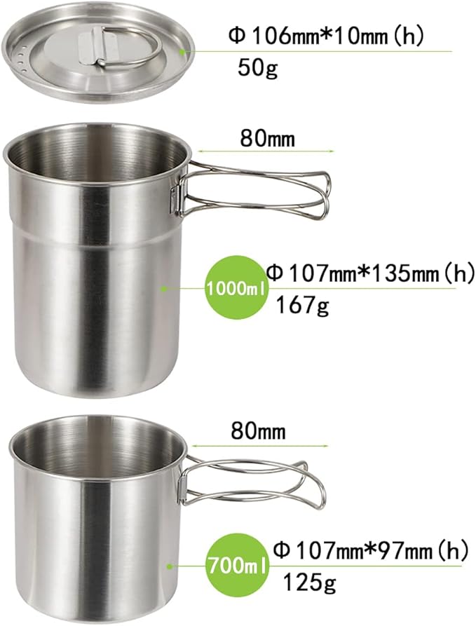 Camping Cups and Mugs Pot 2Pcs -304 Food Grade Stainless Steel - Outdoor Cookware Set with Vented Lid -33oz Big+24oz Small for Backpacking Picnic Hiking