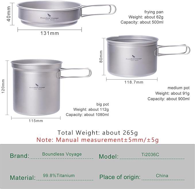 iBasingo Titanium Pot Pan Set with Folding Handle - Ultralight Portable Outdoor Cookware Mess Kit for Camping, Picnic, Travel & Backpacking (1080ml Soup Pot, 900ml Cup, 500ml Frying Pan)