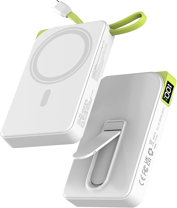 Battery Pack 10000mAh, 3-in-1 Magnetic Portable Charger with USB-C Cable 22.5W Fast Charging, Foldable Stand Power Bank Compatible with iPhone 17/16/15/14/13/12 Series, White