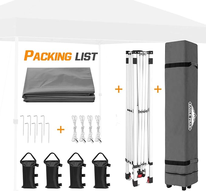 EAGLE PEAK Pop Up Canopy Tent with Wheeled Carry Bag, 8 Stakes, 4 Ropes, 4 Weight Bags, Easy Set Up Tent Canopy, 10x10 ft, 100sqft of Shade, Light Gray