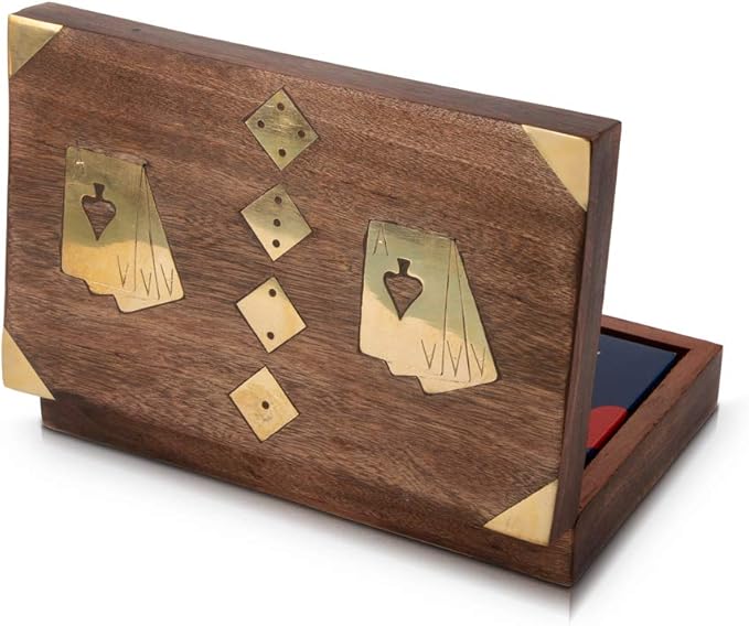 Birthday Gift Ideas Handcrafted Classic Wooden Playing Card Holder Deck Box Storage Case Organizer With Dice & Two Packs of Premium Quality 'Ace' Playing Cards For Men Women