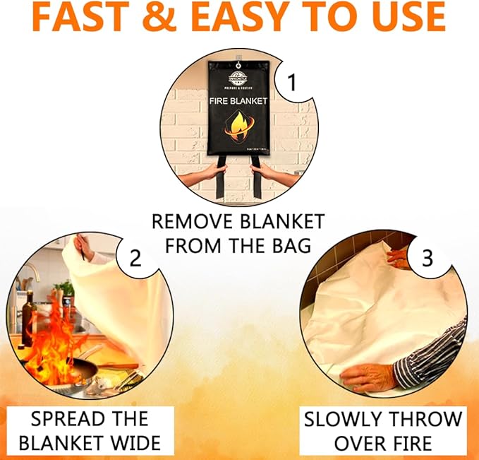 SAFECASTLE Emergency Fire Blanket 59"x59" Large Size, 2 Pack + 2 Hooks & 2 Gloves Fire Retardant Blanket with Fireproof Tabs for Home, Outdoor, Office, Car and Camping Fire Protection Survival Safety