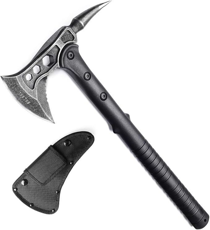 JXE JXO Camping Axe, Tomahawk with Spike, Survival Hatchet with Sheath, Nylon Fiber Handle for Outdoor Survival Hiking Camping (14.5 inch)