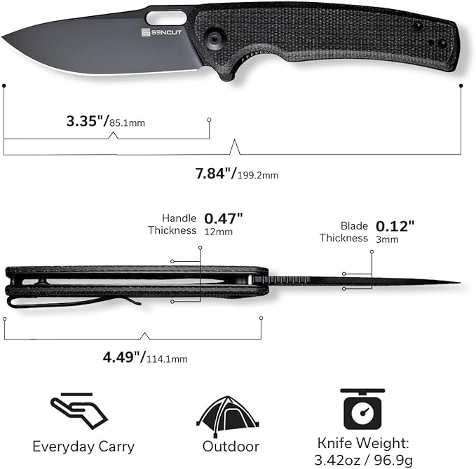 SENCUT Pocket Knife for Men, Vesperon Folding Knives for EDC, 3.35" Blade Micarta Handle, Liner Lock knives for Outdoor Indoor S20065-3 (Double Black)