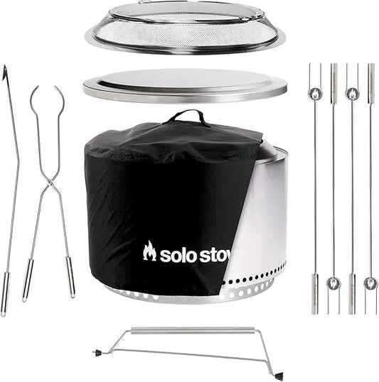 Solo Stove Yukon Ultimate Bundle 2.0 | Incl. Smokeless Fire Pit, Stand, Shelter, Shield, Lid, Handle, Sticks&Tools, Portable Camping Accessories, Wood Burning, Stainless Steel, H: 19.8in x Dia: 27in