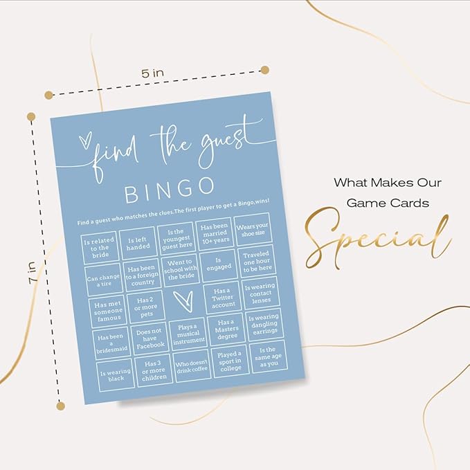 Wedding Shower Games Cards, 25Pcs Prefilled Find The Guest Bingo Game Cards, Engagement Party Games for Guests, Minimalist Blue Wedding Party Supplies - B19