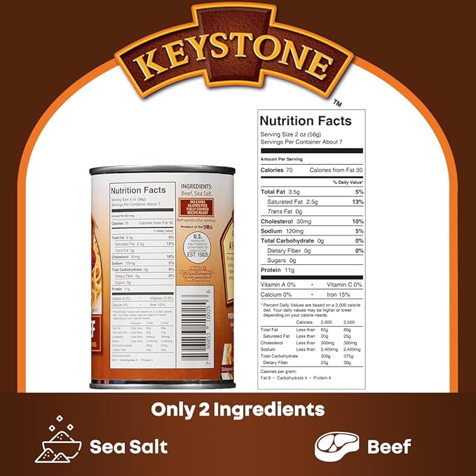 Keystone Meats All Natural Heat and Serve Ground Beef 14 oz – Fully Cooked Canned Meat – Ready to Eat – 5-Year Shelf Life – Pantry Staple for Everyday Meals, Emergency Survival Canned Food – Made in USA – Pack of 24