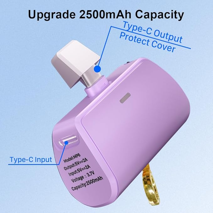 WAVYPO Keychain Portable Charger 2500mAh, USB-C Cell Phone Portable Power Bank, Compatible for iPhone 16/15/15 plus/15 pro/15 pro Max/Android/Samsung/Moto/LG (Purple)