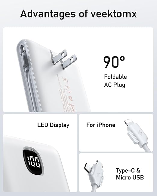 VEEKTOMX Portable Charger with Built in Cables 10000mAh, Power Bank for iPhone with Wall Plug, Travel Essential Fast Charging USB C Slim External Battery Pack for iPhone 17/16/15, Samsung, iPad, etc