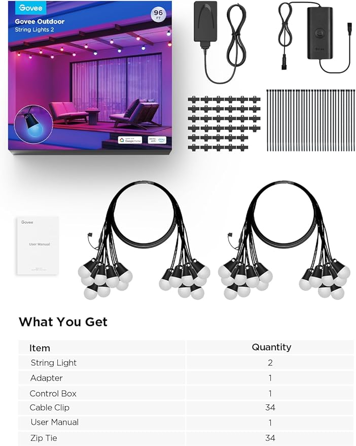 Govee Smart Outdoor String Lights 2, 96ft RGBIC Outdoor Lights with Dimmable Warm White LED Bulbs, 47 Scene Modes for Patio, Backyard, IP65 Waterproof, Works with Alexa, App Control