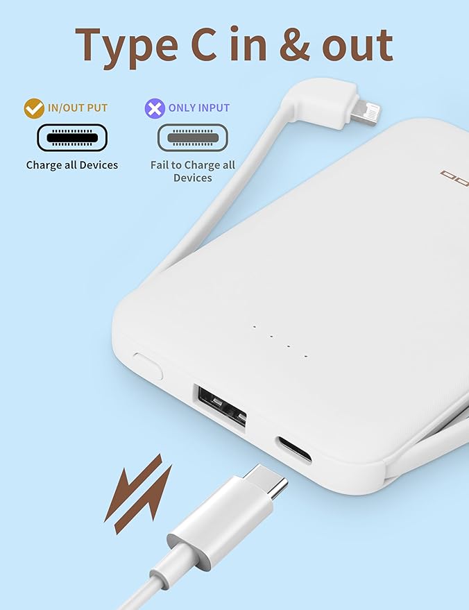 Portable Charger, Slimmest 5000mAh Portable Charger with Built in USB-C Cables, USB C in&out Charging Battery Pack, External Phone Powerbank Compatible with iPhone, Android, 2 Pack White & Pink