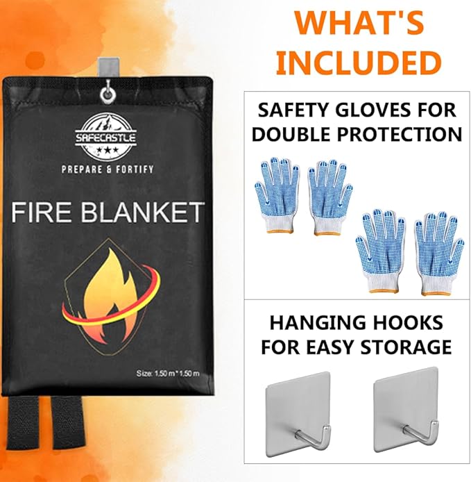 SAFECASTLE Emergency Fire Blanket 59"x59" Large Size, 2 Pack + 2 Hooks & 2 Gloves Fire Retardant Blanket with Fireproof Tabs for Home, Outdoor, Office, Car and Camping Fire Protection Survival Safety