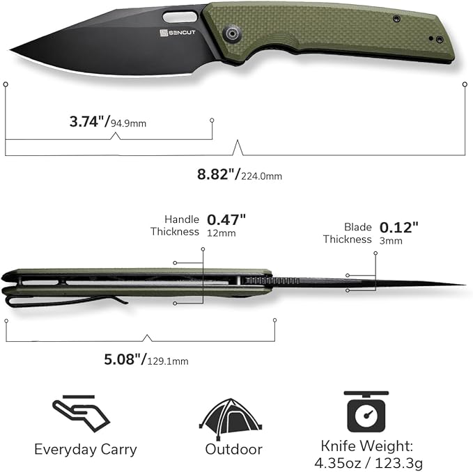 SENCUT GlideStrike Pocket Knife for EDC, Folding knife with Thumb Hole Openning, Textural Coarse G10 Handle with Deep Pocket Clip, Ideal Gift for Men Women S23018-3 (OD Green)