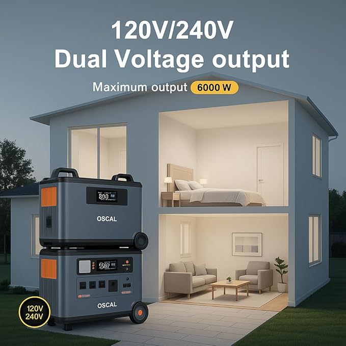 OSCAL PowerMax 6000 Solar Generator, 3600Wh/6000W Power Station with 3x400W Solar Panels, 120V/240V Split Phase Voltage AC Outlets (9000W Peak), 2400W Solar Charging,Emergency for Home,Battery Backup