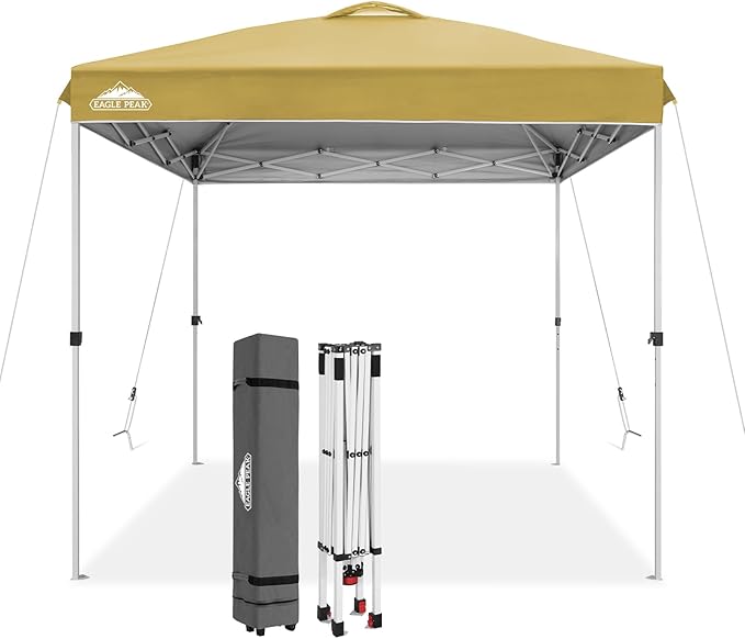 EAGLE PEAK Pop Up Canopy Tent with Wheeled Carry Bag, 8 Stakes, 4 Ropes, Easy Set Up Tent Canopy, 8x8 ft, Beige