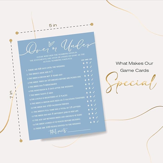 Bridal Shower Games Cards, Guess Over or Under, 25 Guest Cards, Minimalist Blue Wedding Party Supplies