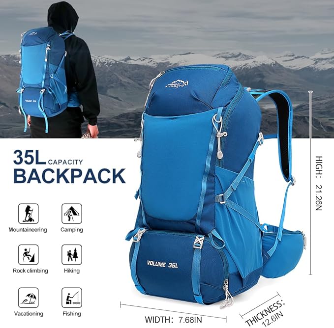 INOXTO 35L Hiking Backpack with 3Lwater bladder, Camping Backpack with Waterproof Rain Cover for Men, Outdoor Sport Travel Daypack for Climbing (Dark blue)