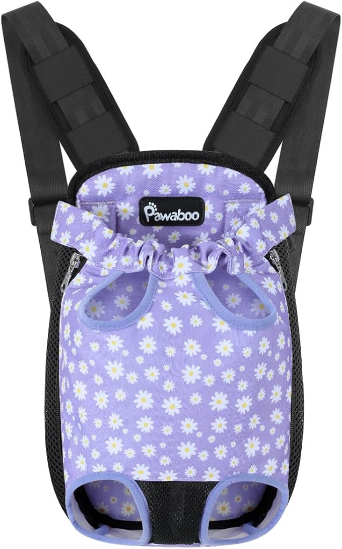 Pawaboo Pet Carrier Backpack, Adjustable Pet Front Cat Dog Carrier Backpack Travel Bag, Legs Out, Easy-Fit for Traveling Hiking Camping for Small Medium Dogs, Medium Size, Black & Purple Daisy