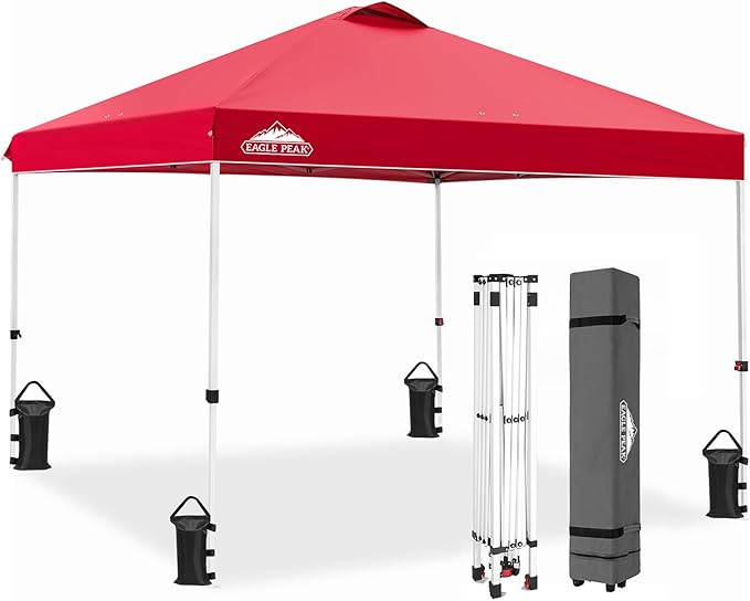 EAGLE PEAK Pop Up Canopy Tent with Wheeled Carry Bag, 8 Stakes, 4 Ropes, 4 Weight Bags, Easy Set Up Tent Canopy, 10x10 ft, 100sqft of Shade, Red