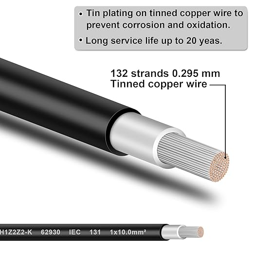 Solar Panel Wire - 50FT Black Tinned Copper Wire, 8AWG (10mm²) PV Wire Solar Extension Cable for Outdoor Automotive RV Boat Marine Solar Panel - Black (8AWG 50FT)