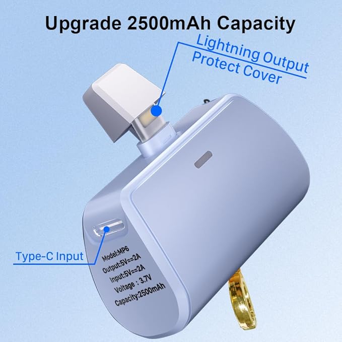 WAVYPO Keychain Portable Charger 2500mAh, Cell Phone Portable Power Bank Pack Mini Power Emergency Pod Fast Charging Compatible for iPhone 14/14 Pro Max/13/13 Pro Max/12/12 Pro Max/11/XR/X/8 (Blue)