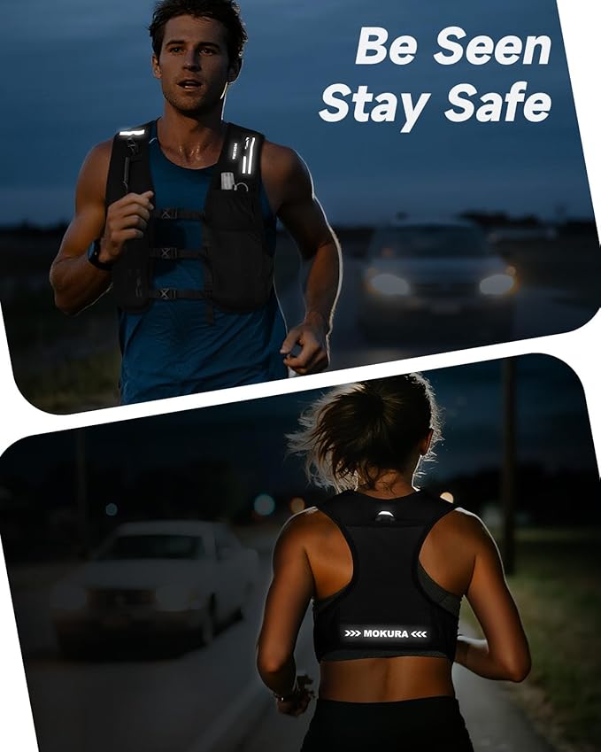 MOKURA Running Vest for Women Men, Reflective Hydration Vest with 500ML Soft Flask and Phone Holder, Adjustable Running Backpack, Lightweight Run Pack Water Bottle, Runner Marathon Essentials