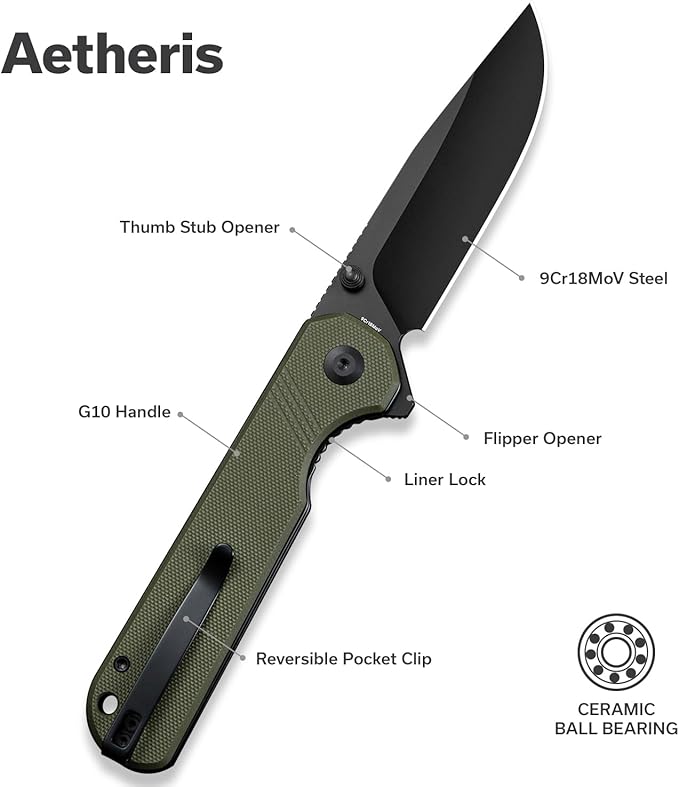 SENCUT Aetheris Pocket Knife, EDC Folding Knife with 3.68'' 9Cr18MoV Blade & G10 Handle, Reversible Clip for Camping Hiking S24095-2 (OD Green)
