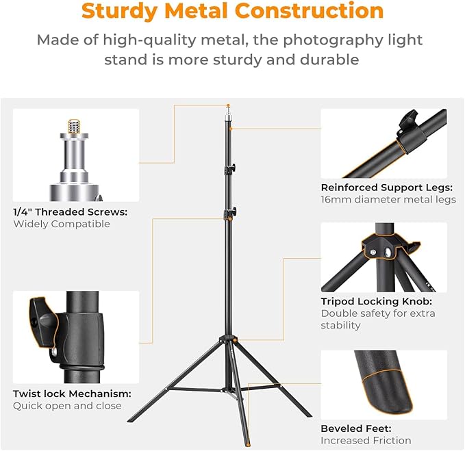 K&F CONCEPT Light Stand for Photography, 6.5ft/2M Portable Extendable Photo Video Tripod Stand, Lighting Tripod with 1/4" Screw for Lighting/Strobe Light/Webcams/Cameras/Softbox, with Storage Bag