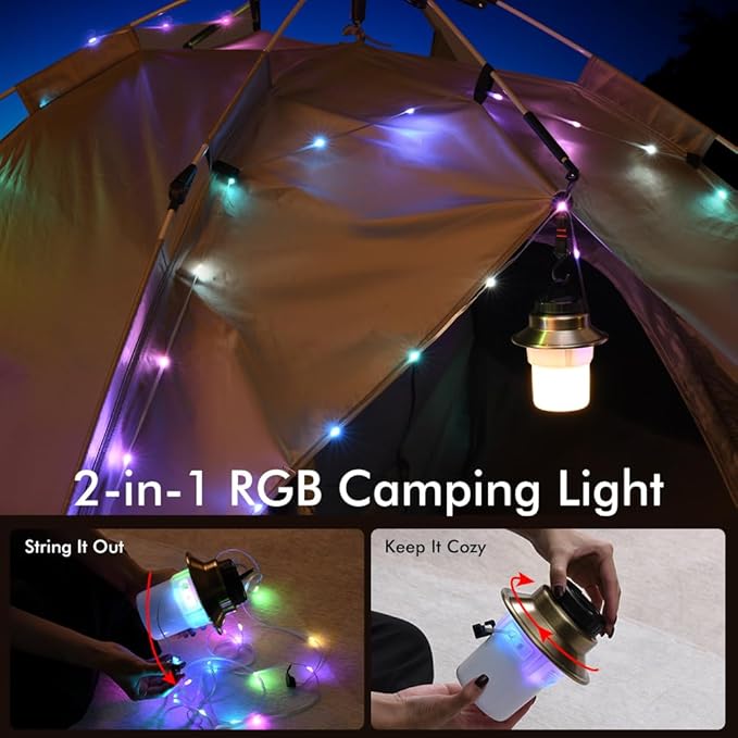 Rechargeable LED Camping Lights & Lantern, Waterproof Lamp with 5 Modes RGB String Lights, Adjustable Brightness Tent Light, Battery Powered Outdoor Lantern, Camping Essentials