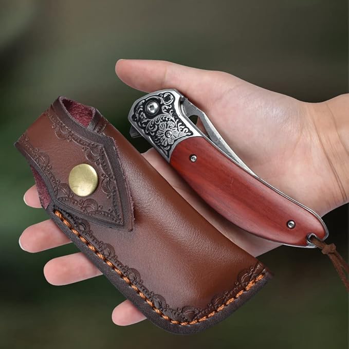 KOMWERO Damascus Pocket Knife for Men Women, Sharp VG10 Core Damascus Steel Knife for Outdoor Camping Survival Hunting - Wood Handle, Ball Bearing, Leather Sheath, Liner Lock