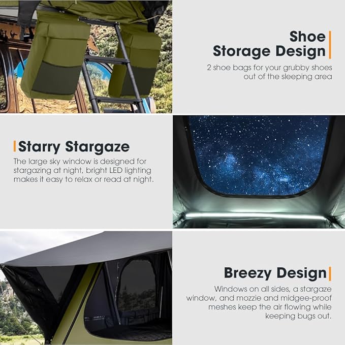 Sanhima Rooftop Tent Hard Shell - Jervis Overland Aluminium ABS Roof Top Tent w/Stargaze Window & LED Strip Light for Car SUV Truck Camping, 2-3 People
