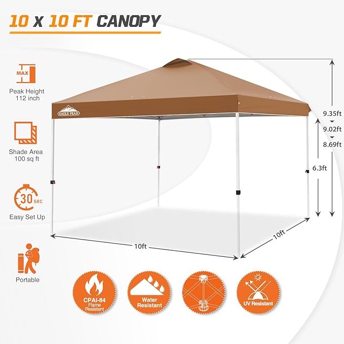 EAGLE PEAK Pop Up Canopy Tent with Wheeled Carry Bag, 8 Stakes, 4 Ropes, 4 Weight Bags, Easy Set Up Tent Canopy, 10x10 ft, 100sqft of Shade, Khaki