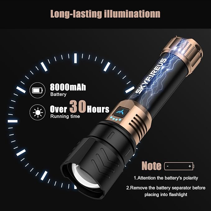 SKYFIRE Rechargeable Flashlight High Lumens,LED Flashlight with 8000mAh,Zoomable,Four Modes,Waterproof Bright Flash Light for Camping Essentials,Outdoor,Home-No Lens