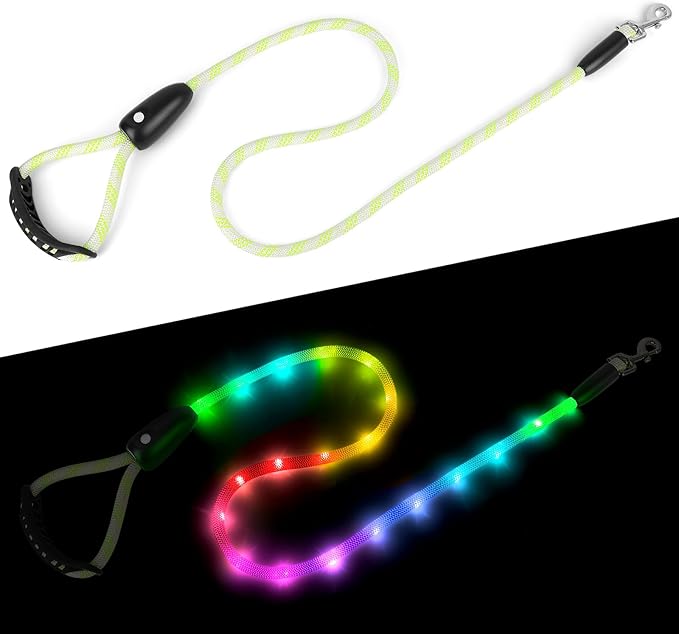 BSEEN Light Up Dog Leash - LED Dog Leash Type-C Rechargeable, 13 Lighting Modes, Glow in The Dark Pet Lead with Soft Handle for Small Medium Large Dogs Night Walking Safety (RGB, 4 Ft)