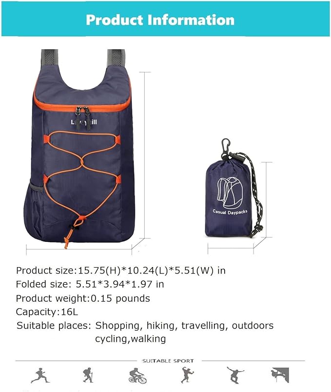 16L Lightweight Foldable Hiking-Backpack Small Packable-Daypack For Travel,Ultralight Water-Resistant Gym Bag Men Women Easy Carry-on (Dark Blue)