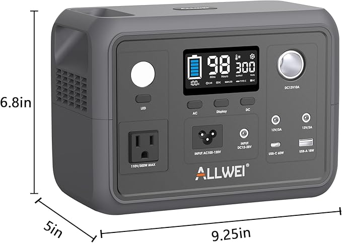 Portable Power Station 300W (Peak 600W), ALLWEI 256Wh Solar Generator with 60W USB-C PD Output, 110V Pure Sine Wave AC Outlet Backup LiFePO4 Battery for Outdoors Camping Travel Home Blackout