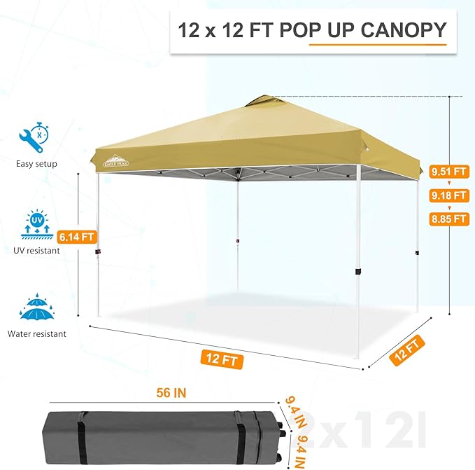 EAGLE PEAK Pop Up Canopy Tent with Wheeled Carry Bag, 8 Stakes, 4 Ropes, 4 Weight Bags, Easy Set Up Tent Canopy, 12x12 ft, 144sqft of Shade, Beige