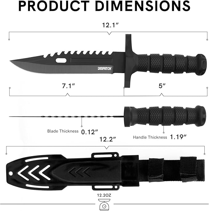 Dispatch Fixed Blade Hunting Knife with Sheath, 12-inch Survival Knives for Men Tactical Bowie Knife with Non-Slip Handle for Bushcraft, Outdoor Camping