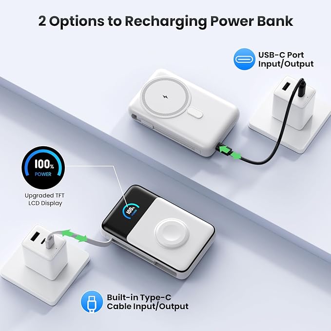 Magnetic Portable Charger 10800mAh with Built-in Cables,5-in-1 Qi2 Certified 15W Wireless Power Bank with iWatch Charger,30W PD Fast Charging USB-C Battery Pack for iPhone 17/16/15/14/13/12-White