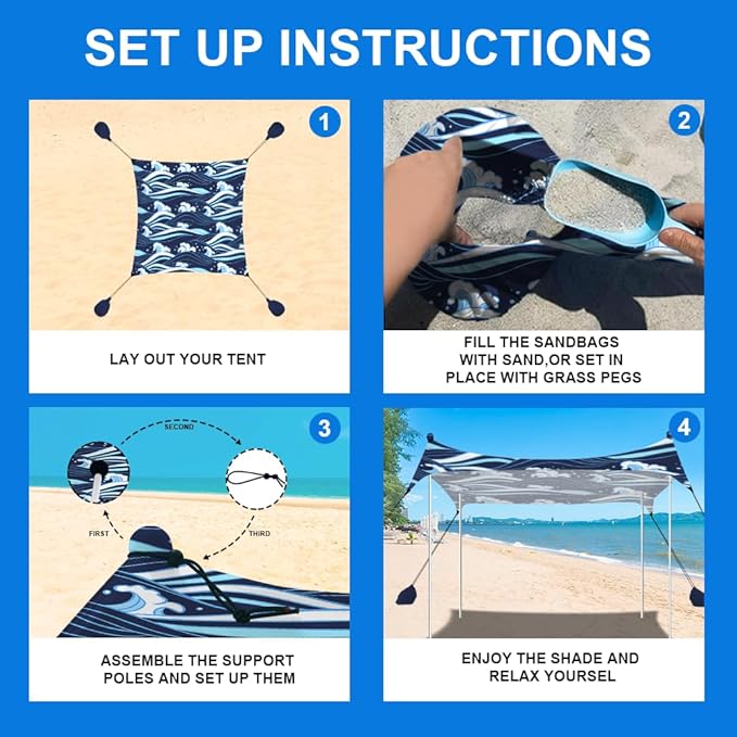 YUKIHOME Beach Tent Sun Shade Canopy Tent, UPF 50+ Camping Beach Sun Shelter 10 x 10ft 4 Pole, Lightweight, Easy Set Up and Carry