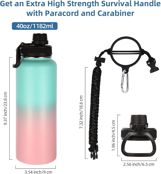 Volhoply Insulated Water Bottles Bulk 4 Pack, 40 oz Stainless Steel Double Walled Vacuum Travel Water Cups with Wide Mouth, Reusable Large Water jug with Paracord for Hiking(Green Pink,4 Set)