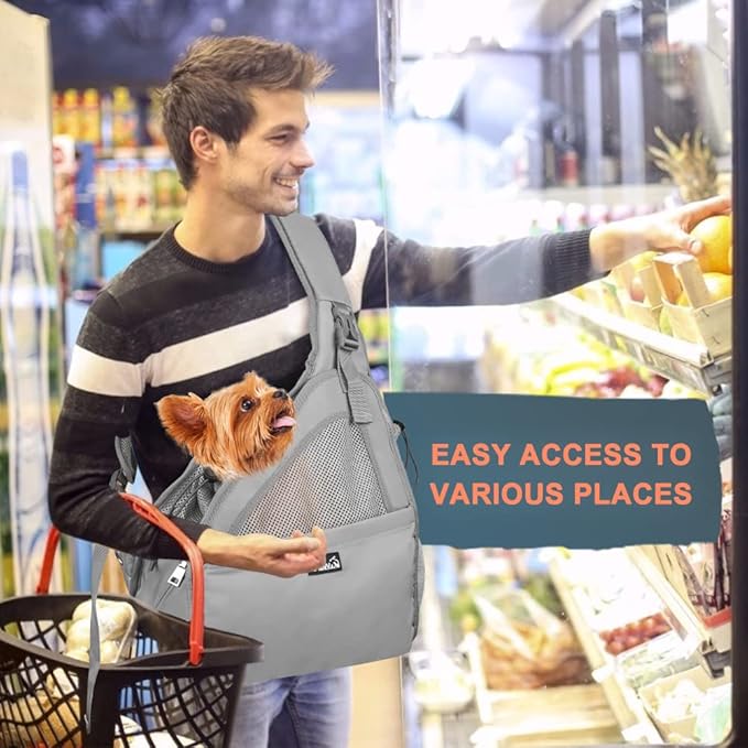SlowTon Pet Dog Sling Carrier, Hands Free Hard Bottom Papoose Small Animal Puppy Up to 11 lbs Travel Bag Tote Breathable Mesh Support Adjustable Padded Strap Pocket Safety Belt Machine Washable